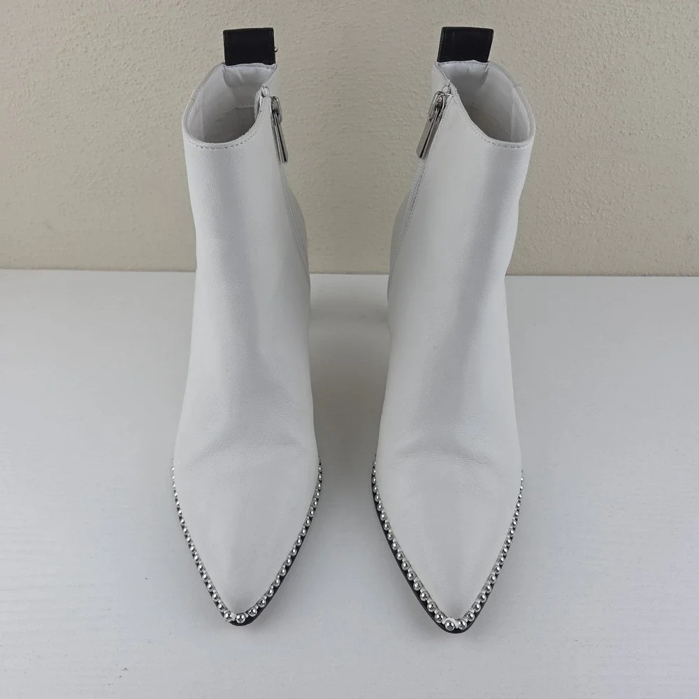 BCBGeneration Boots Womens 8 Beya Pointy Toe Leather Ball Chain Ankle Zip White‎